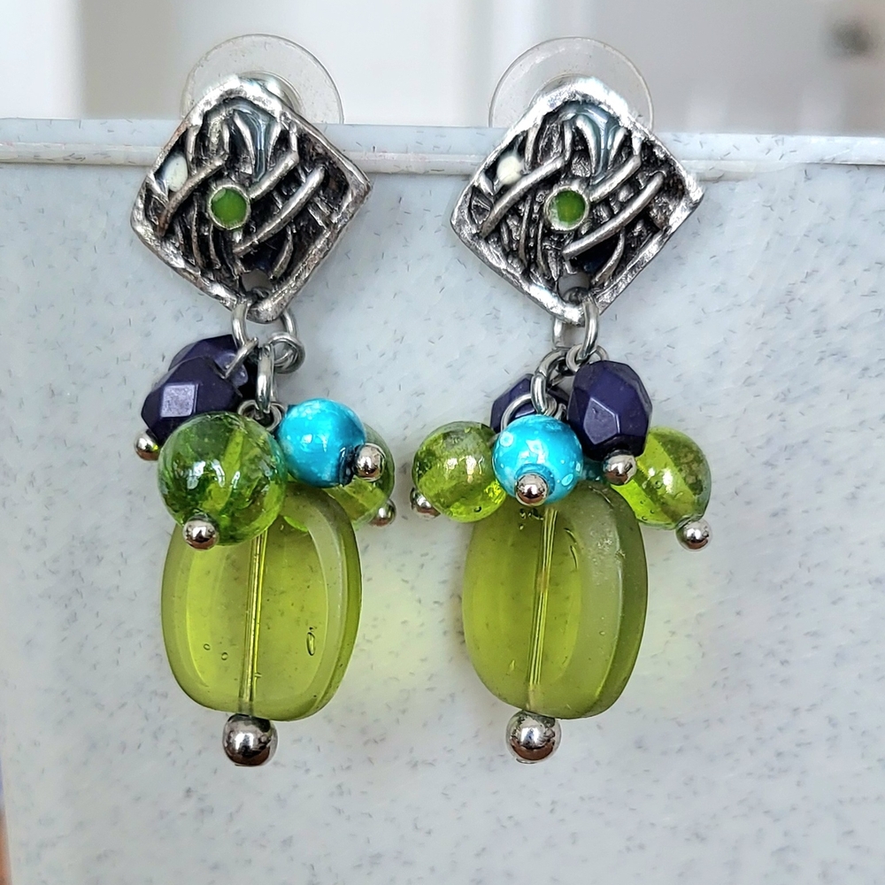 Elegant Silver and Green Beaded Earrings